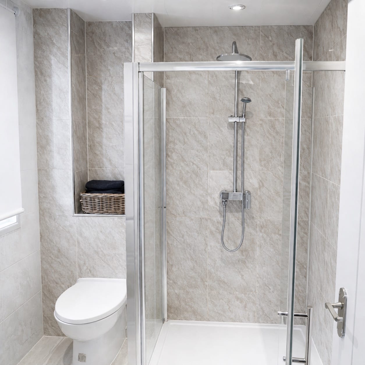 Illustrative fitted bathroom with a walk-in shower